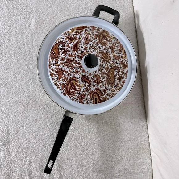 Vintage Enamelware Brown Paisley Frying Pan Skillet With Lid - Picture 5 of 16